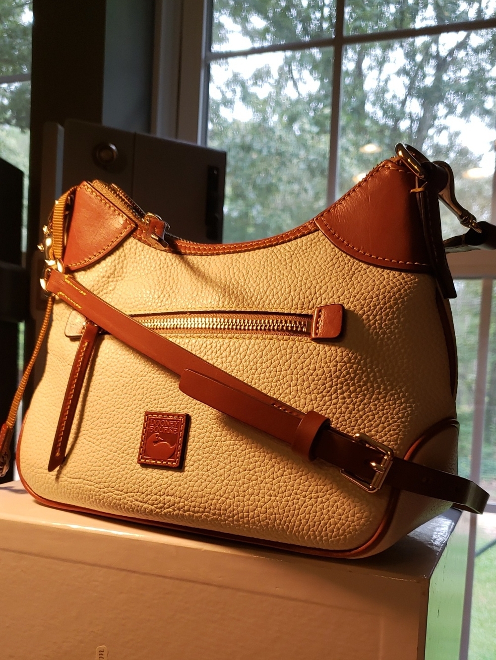 Dooney & Bourke Cream Pebbled Leather Shoulder Bag with Brown Trim